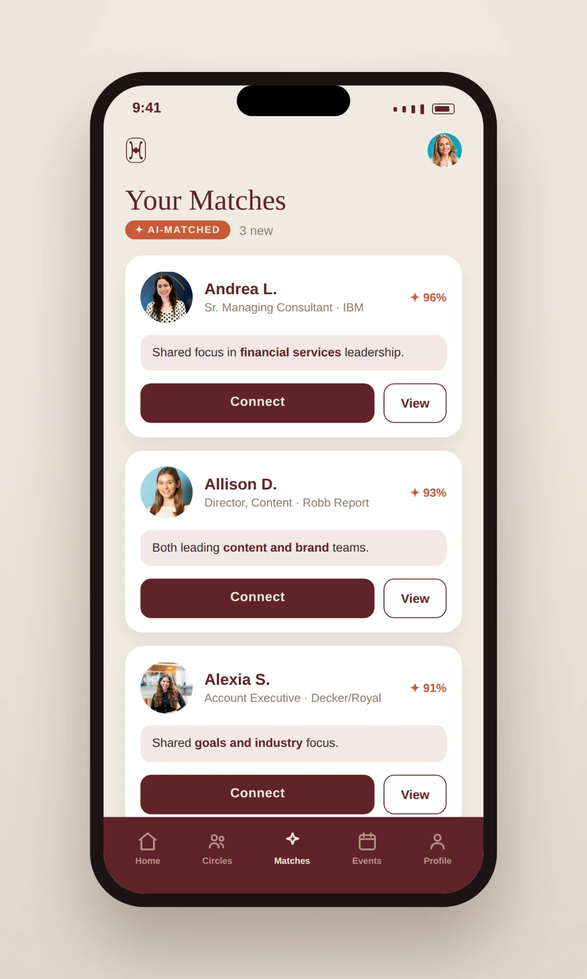 Her Workplace platform showing AI-powered member matches