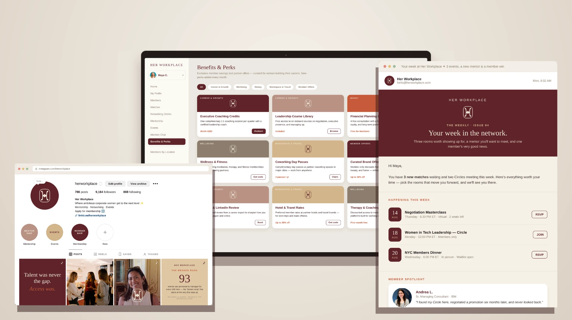 Her Workplace member platform showing benefits, weekly events, and member spotlight