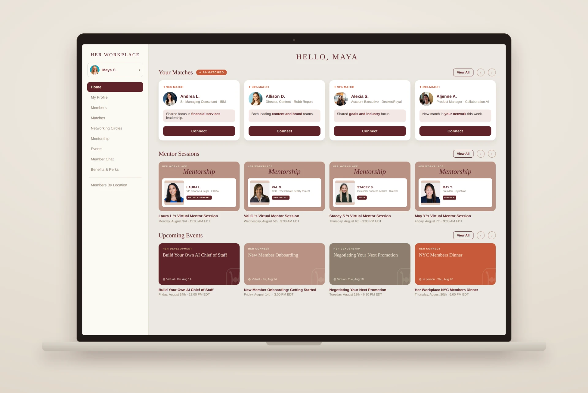 Her Workplace platform dashboard showing member matches, mentorship sessions, and networking circles